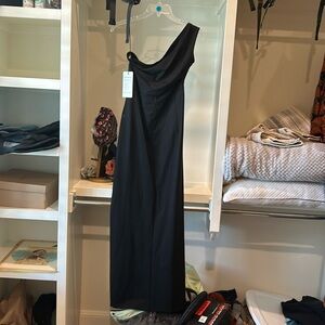 Black fitted full length one shoulder dress